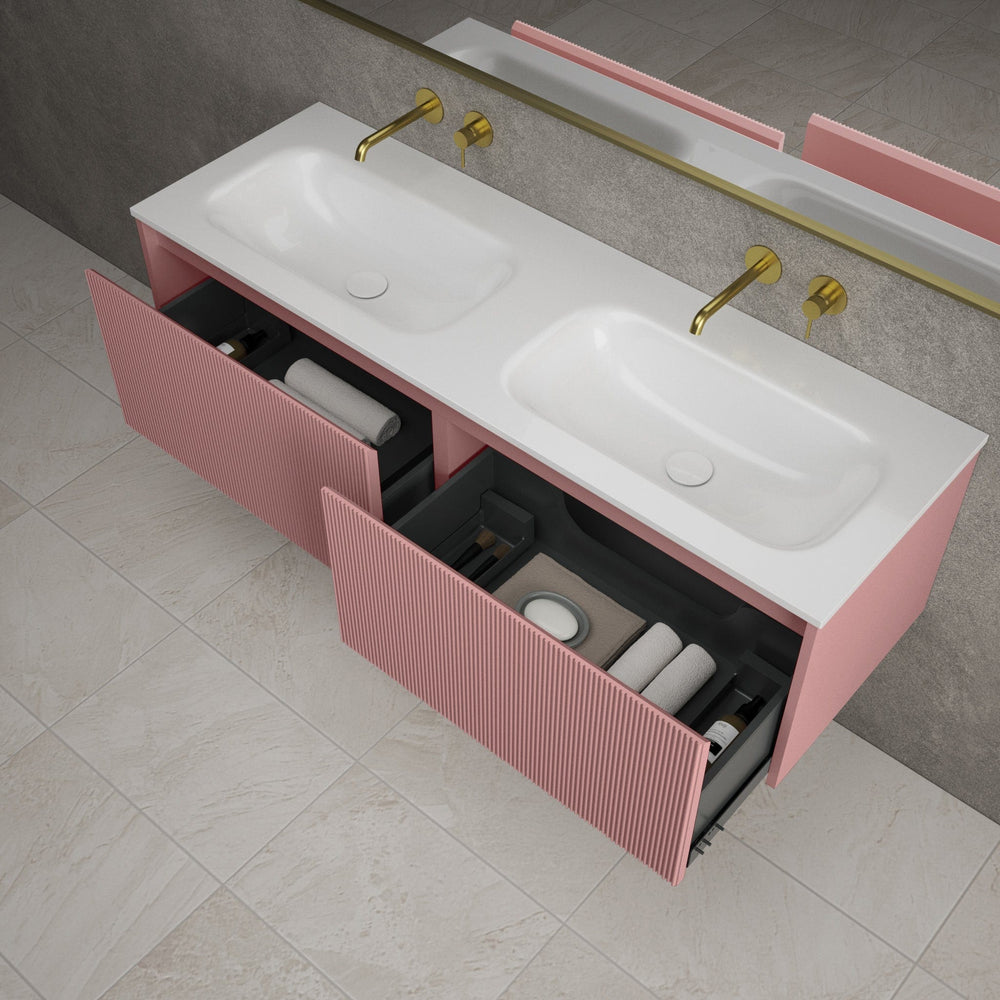 Scanalato Double Drawer Vanity Unit With Beyondstone Double Basin - Dusky Pink 1400mm