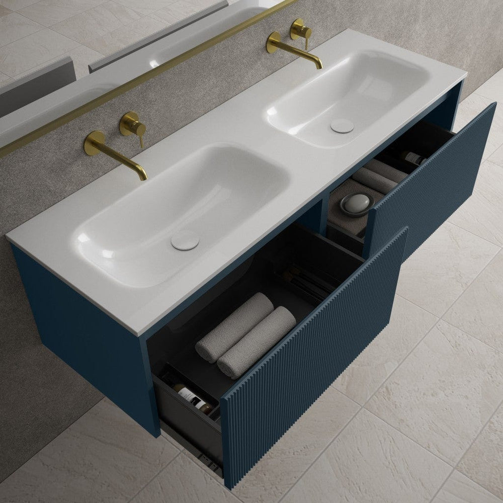 Scanalato Double Drawer Vanity Unit With Beyondstone Double Basin - Midnight Blue 1400mm