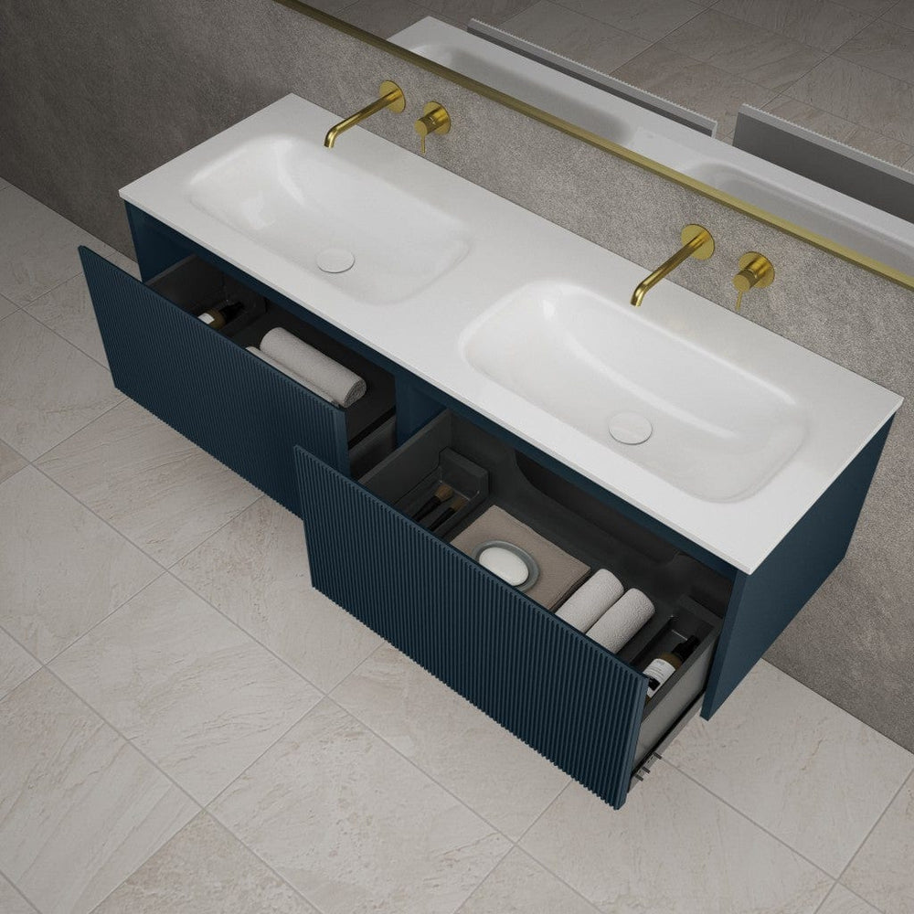 Scanalato Double Drawer Vanity Unit With Beyondstone Double Basin - Midnight Blue 1400mm