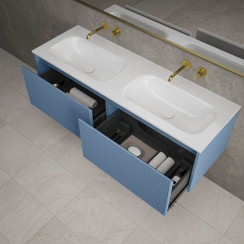 Scanalato Double Drawer Vanity Unit With Beyondstone Double Basin - Soft Blue 1400mm