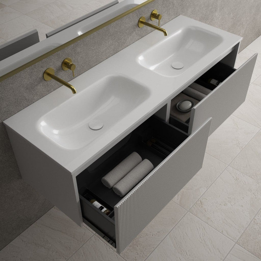Scanalato Double Drawer Vanity Unit With Beyondstone Double Basin - Soft Grey 1400mm