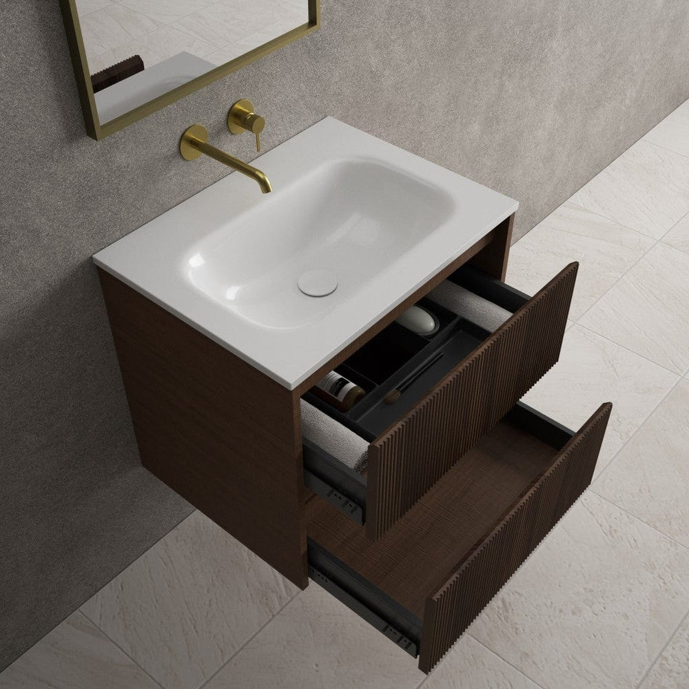 Scanalato Double Drawer Vanity Unit  With Beyondstone Basin - Walnut 600mm
