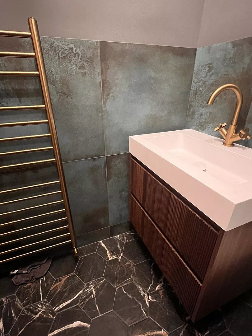 Scanalato Double Drawer Vanity Unit With Beyondstone BLOC Basin - Walnut 700mm