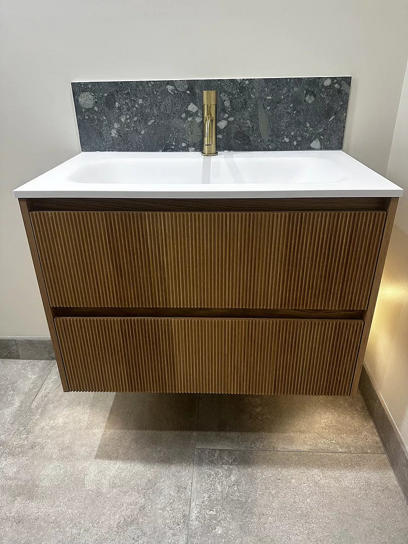 Scanalato Double Drawer Vanity Unit With Beyondstone Basin - Oak 800mm