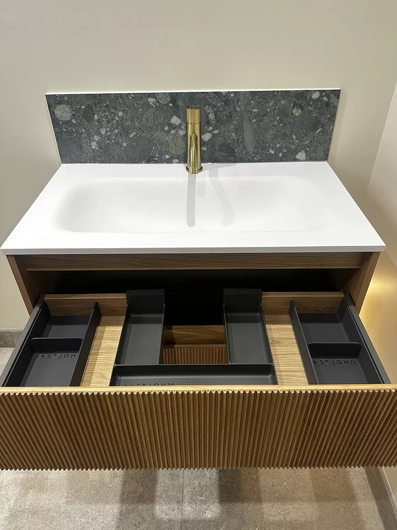 Scanalato Double Drawer Vanity Unit With Beyondstone Basin - Oak 800mm