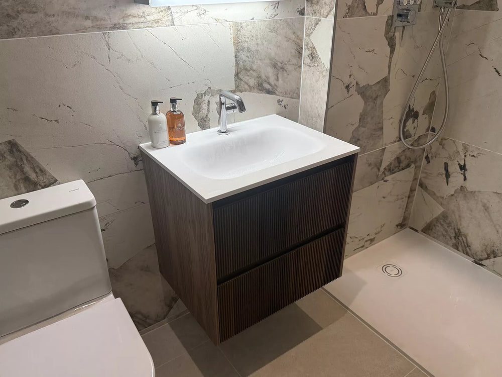 Scanalato Double Drawer Vanity Unit With Beyondstone Basin - Walnut 600mm