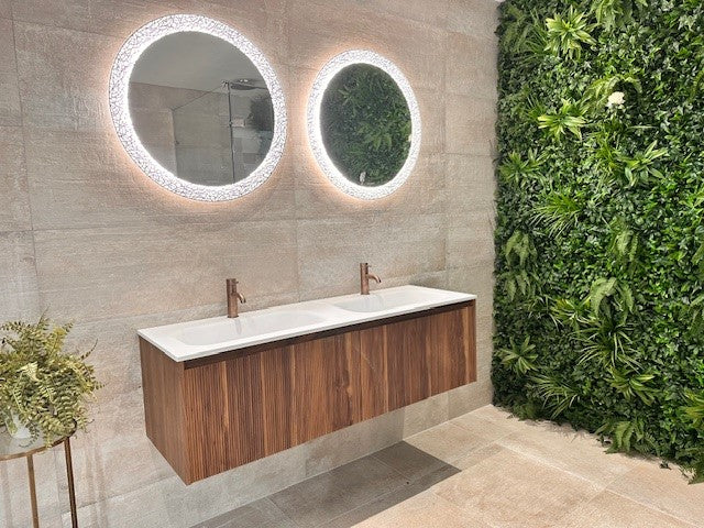 Scanalato Double Drawer Vanity Unit With Beyondstone Double Basin - Walnut 1400mm