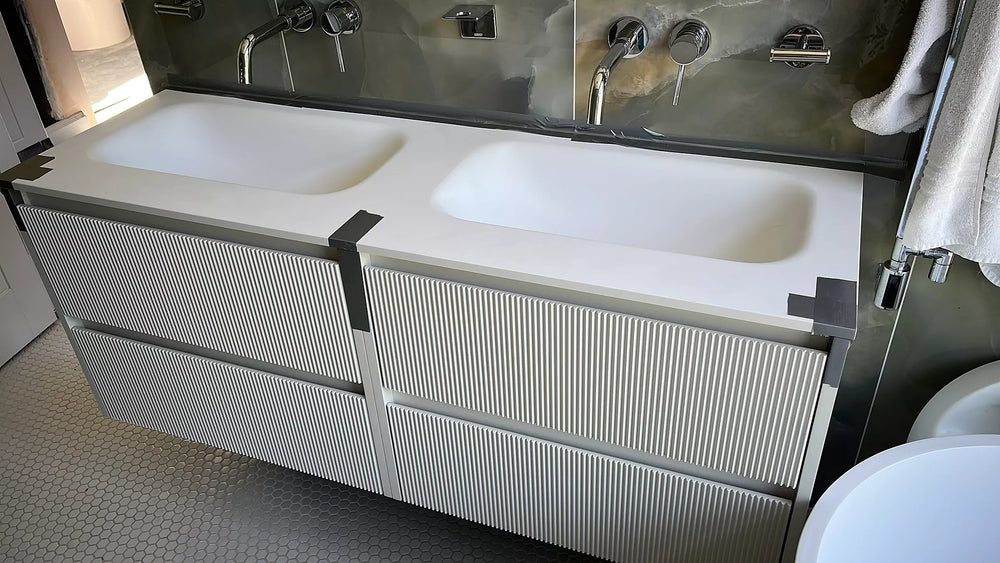 Scanalato Four Drawer Vanity Unit With Beyondstone Double Basin - Pure White 1400mm