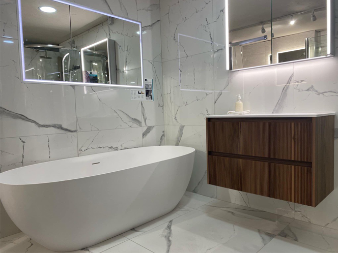 Scanalato Double Drawer Vanity Unit With Beyondstone Basin - Walnut 800mm