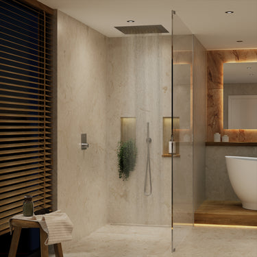 Two Way Push Button Thermostatic Shower Set With Handheld Shower And Ceiling Mounted Shower Head - Brushed Steel
