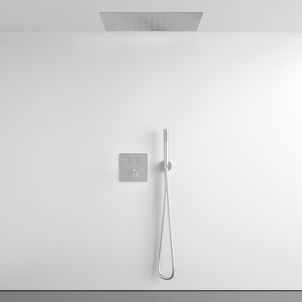 Two Way Push Button Thermostatic Shower Set With Handheld Shower And Ceiling Mounted Shower Head - Brushed Steel