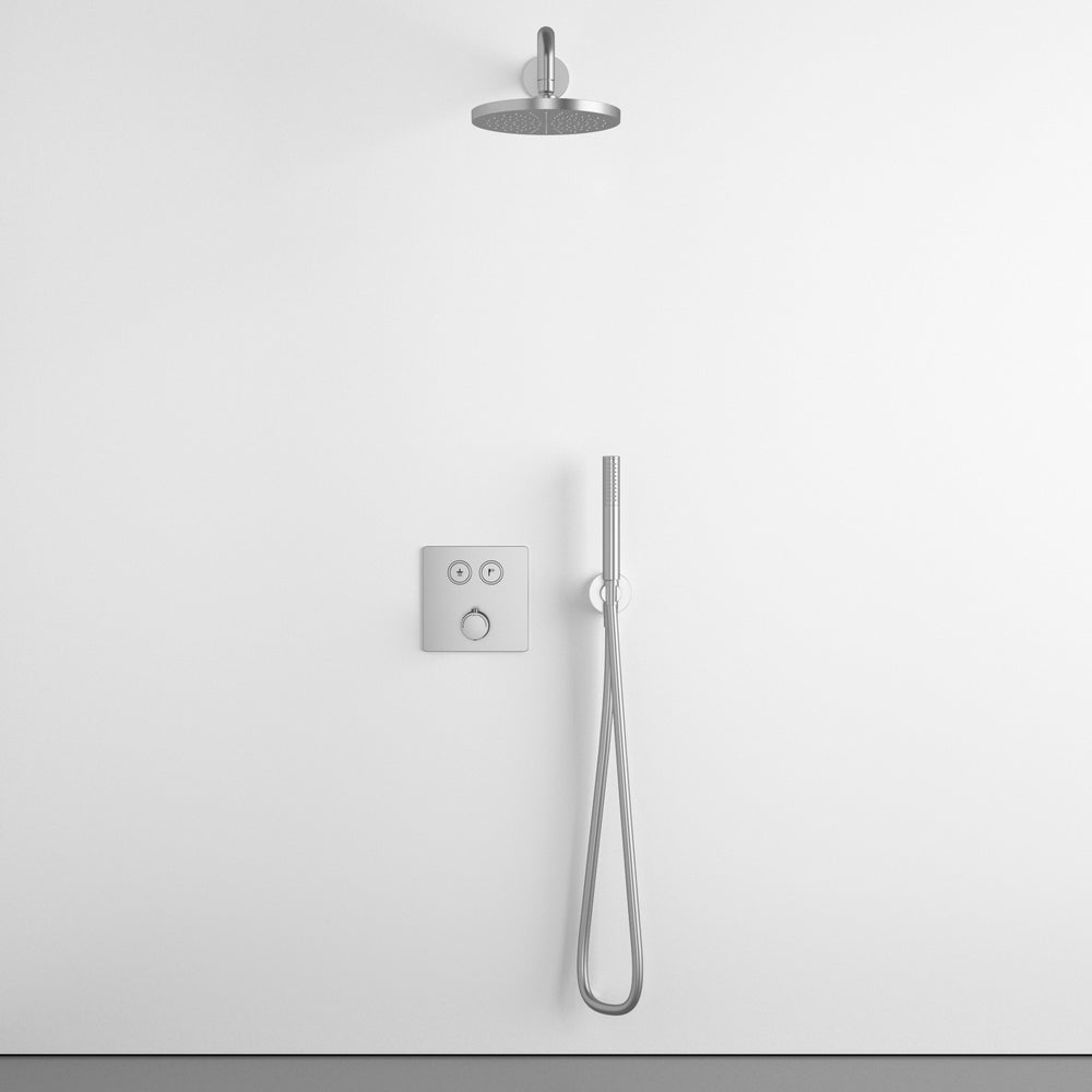 Two Way Push Button Thermostatic Shower Set With Handheld Shower And Wall Mounted Shower Head - Brushed Steel