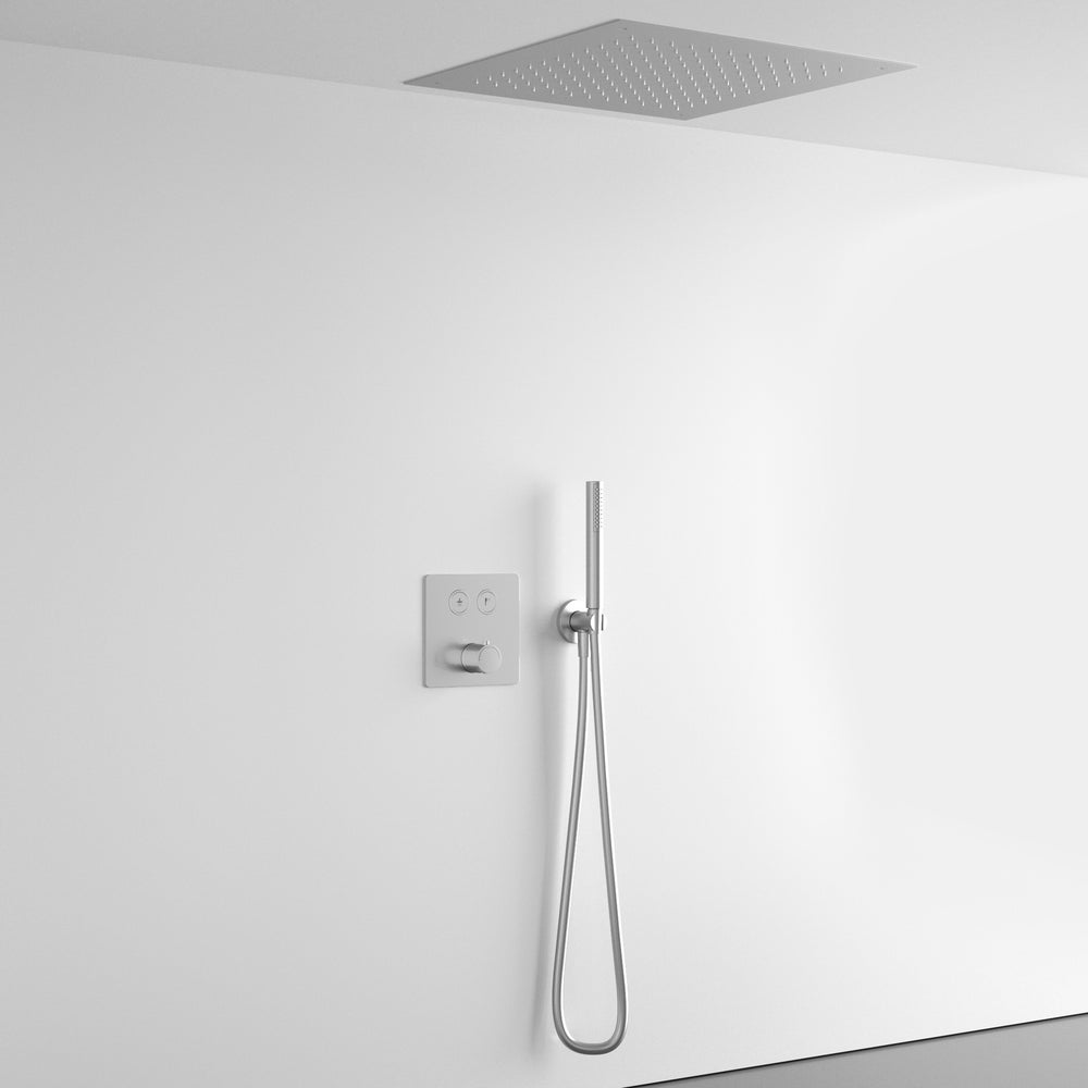 Two Way Push Button Thermostatic Shower Set With Handheld Shower And Ceiling Mounted Shower Head - Brushed Steel