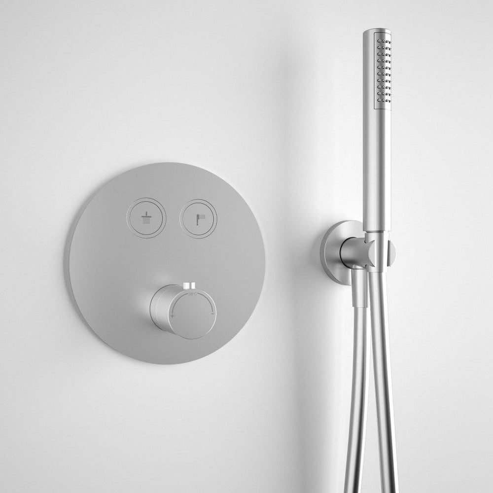 Two Way Push Button Thermostatic Shower Set With Handheld Shower And Wall Mounted Shower Head - Brushed Steel