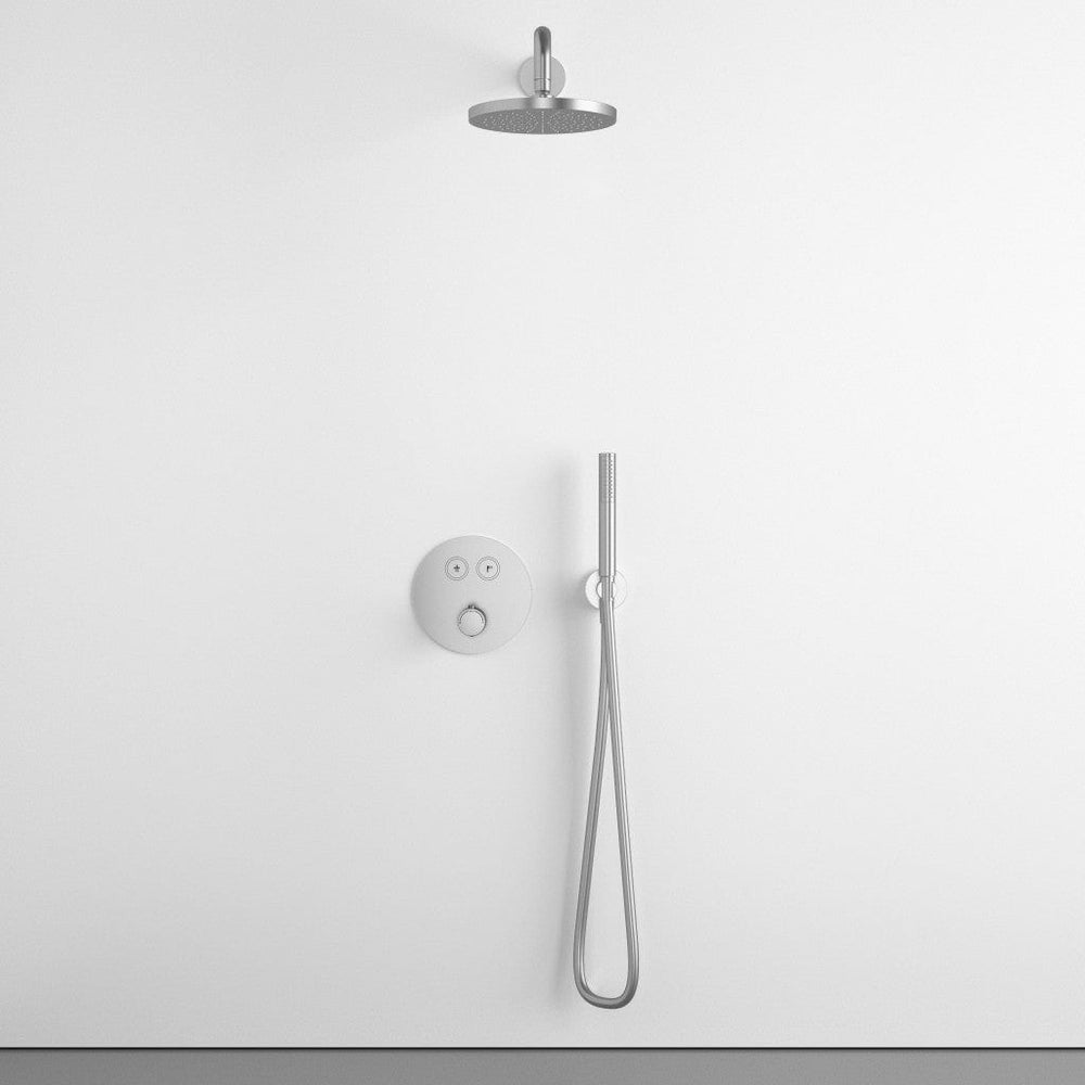 Two Way Push Button Thermostatic Shower Set With Handheld Shower And Wall Mounted Shower Head - Brushed Steel