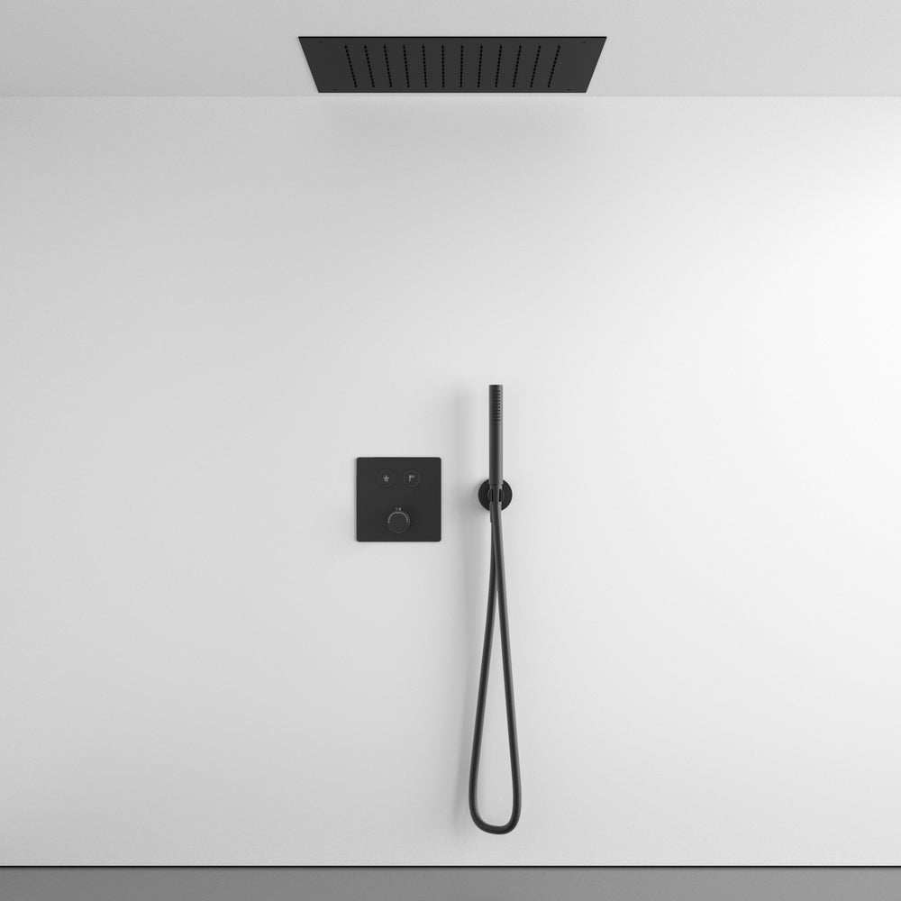 Two Way Push Button Thermostatic Shower Set With Handheld Shower And Ceiling Mounted Shower Head - Matt Black