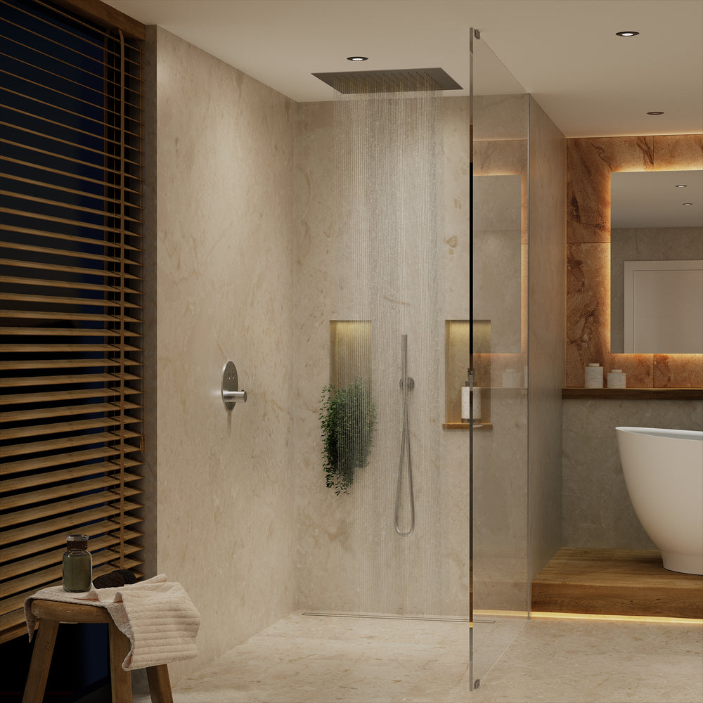 Two Way Push Button Thermostatic Shower Set With Handheld Shower And Ceiling Mounted Shower Head - Brushed Steel