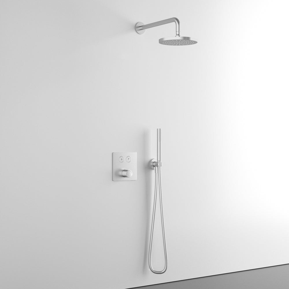 Two Way Push Button Thermostatic Shower Set With Handheld Shower And Wall Mounted Shower Head - Brushed Steel