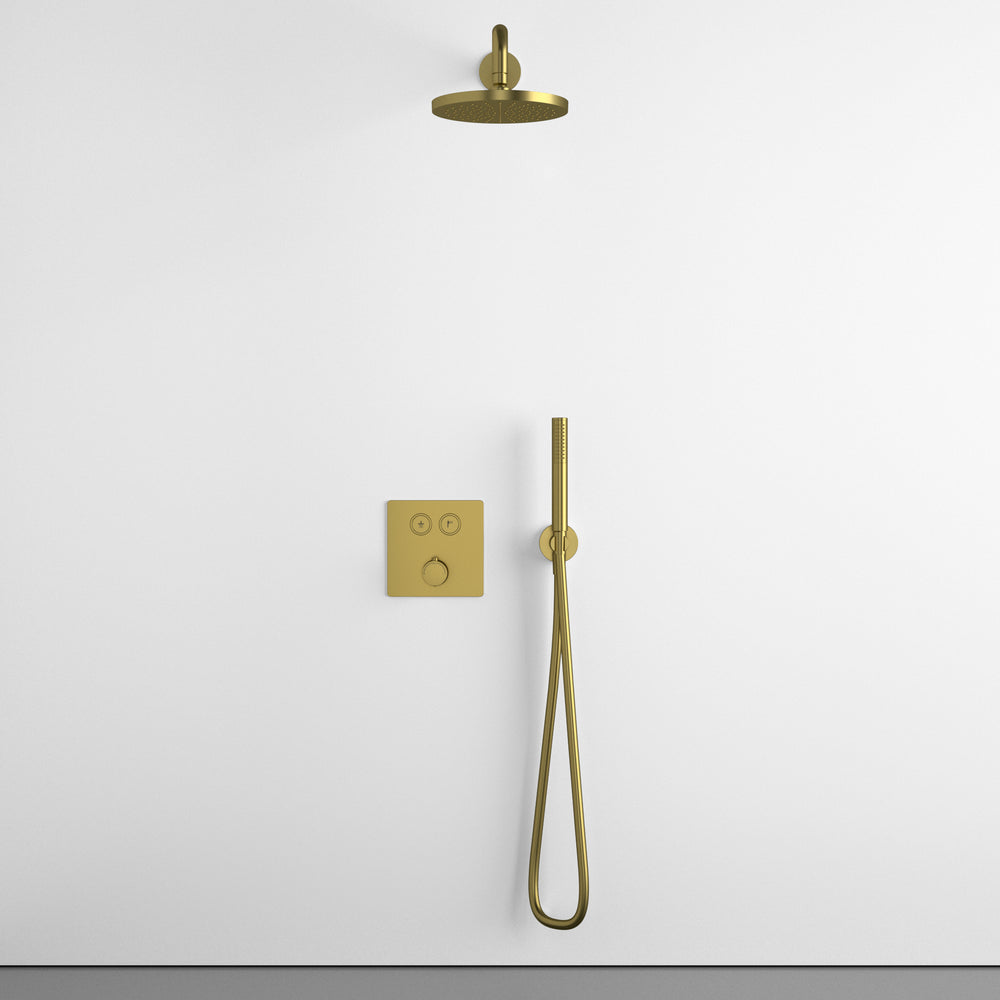 Two Way Push Button Thermostatic Shower Set With Handheld Shower And Wall Mounted Shower Head - Brushed Brass