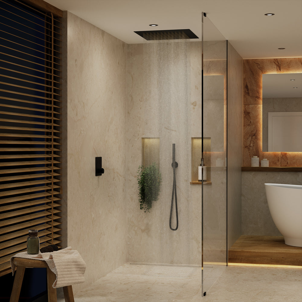 Two Way Push Button Thermostatic Shower Set With Handheld Shower And Ceiling Mounted Shower Head - Matt Black