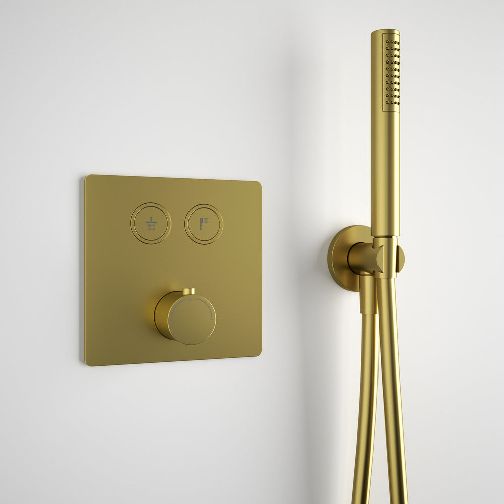 Two Way Push Button Thermostatic Shower Set With Handheld Shower And Ceiling Mounted Shower Head - Brushed Brass