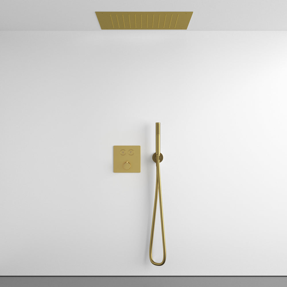 Two Way Push Button Thermostatic Shower Set With Handheld Shower And Ceiling Mounted Shower Head - Brushed Brass