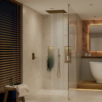 Two Way Push Button Thermostatic Shower Set With Handheld Shower And Ceiling Mounted Shower Head - Brushed Brass