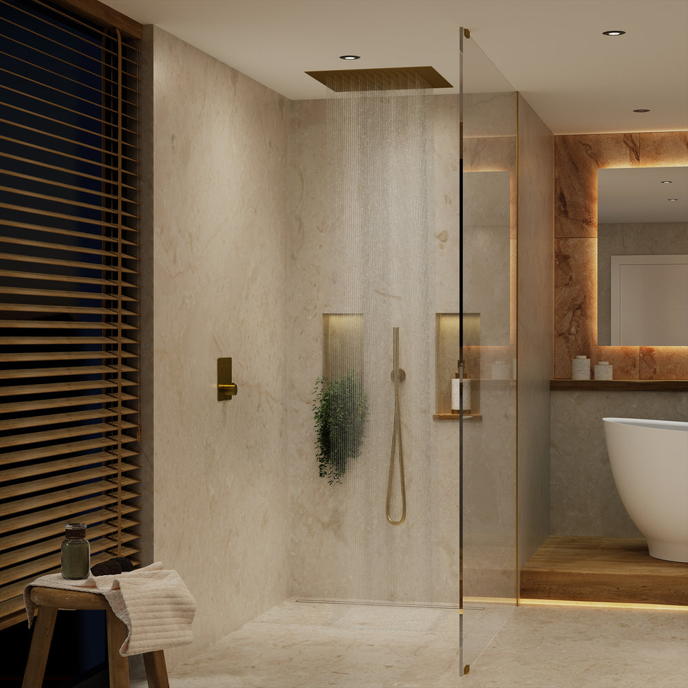 Two Way Push Button Thermostatic Shower Set With Handheld Shower And Ceiling Mounted Shower Head - Brushed Brass