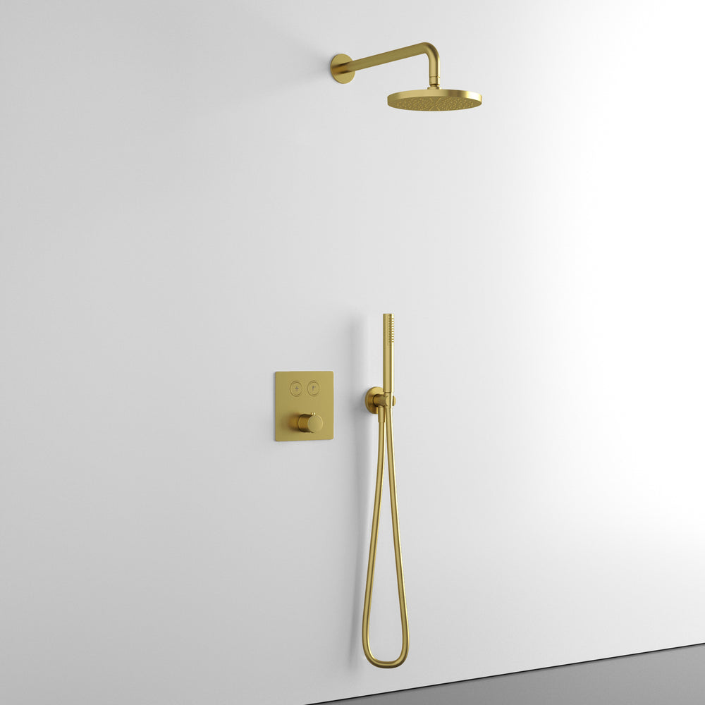 Two Way Push Button Thermostatic Shower Set With Handheld Shower And Wall Mounted Shower Head - Brushed Brass