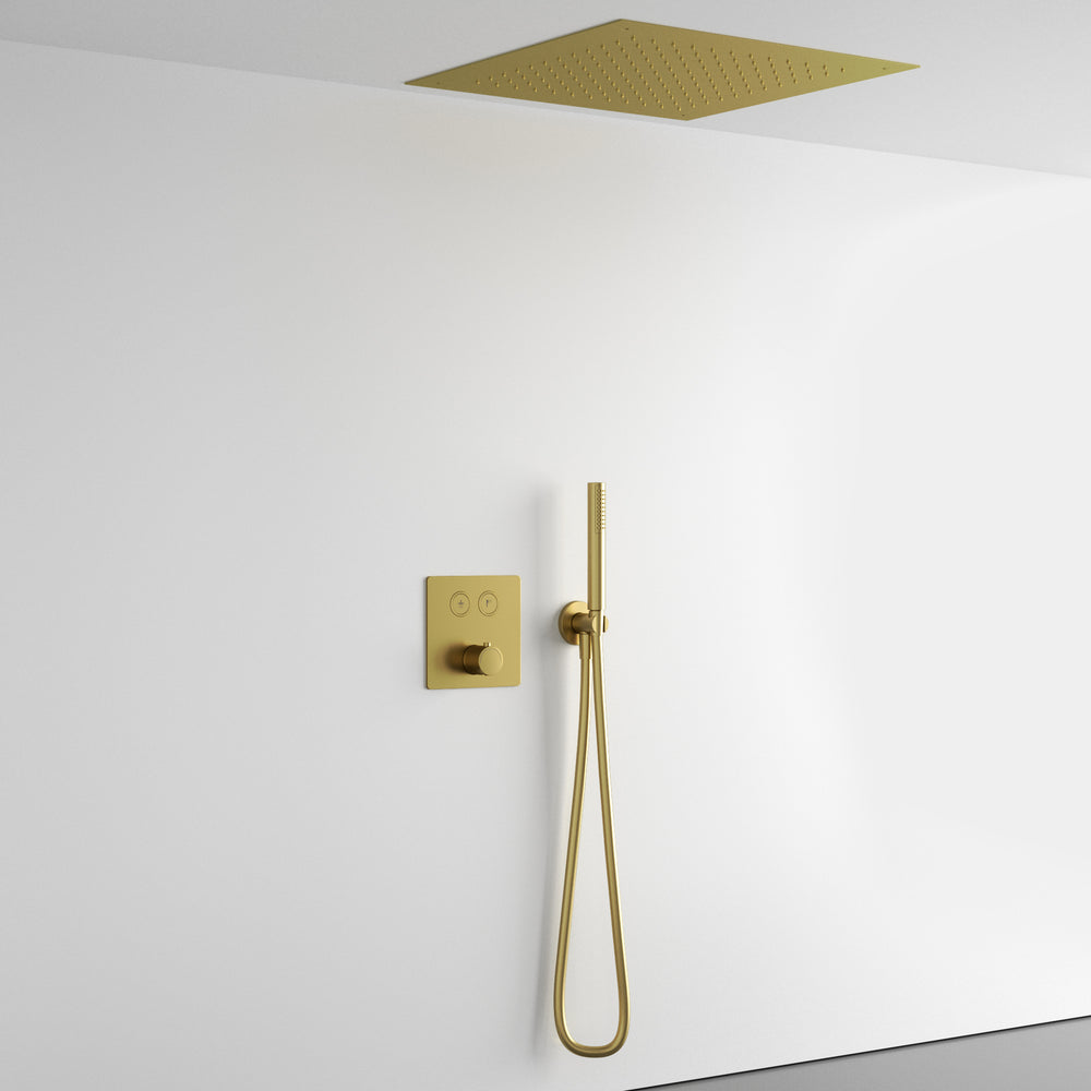 Two Way Push Button Thermostatic Shower Set With Handheld Shower And Ceiling Mounted Shower Head - Brushed Brass