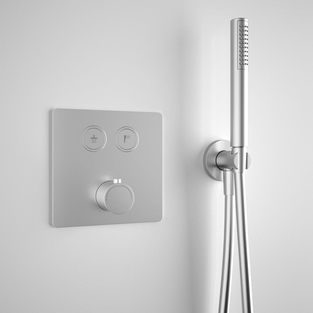 Two Way Push Button Thermostatic Shower Set With Handheld Shower And Wall Mounted Shower Head - Brushed Steel