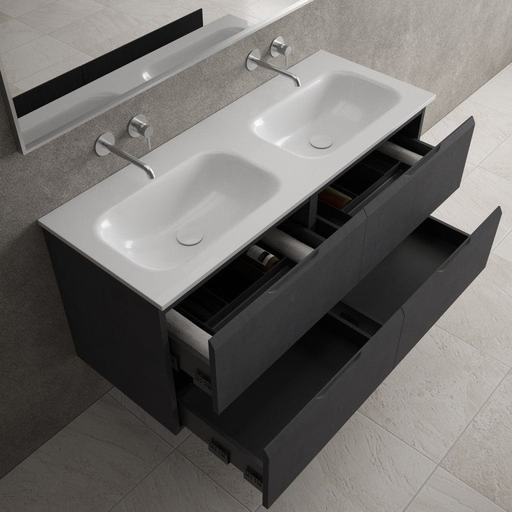 Tasca Four Drawer Vanity Unit With Beyondstone Double Basin - Dark Concrete 1200mm