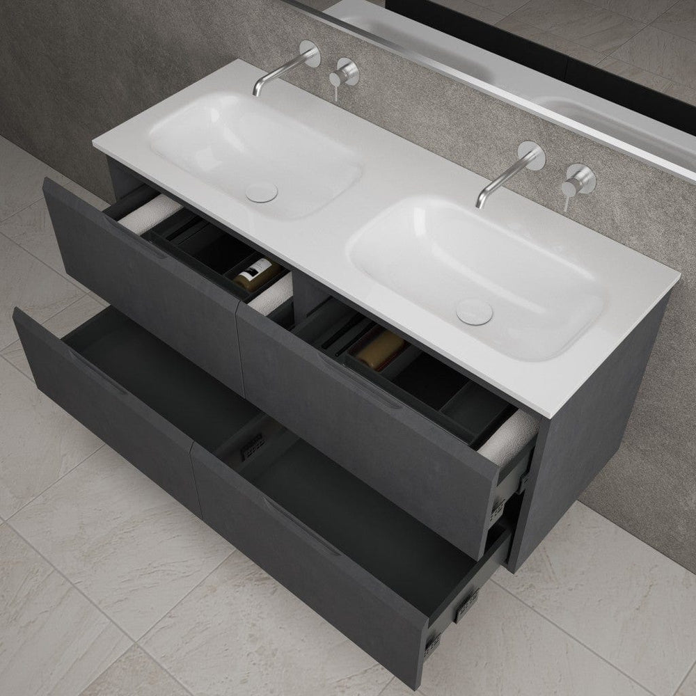 Tasca Four Drawer Vanity Unit With Beyondstone Double Basin - Dark Concrete 1200mm