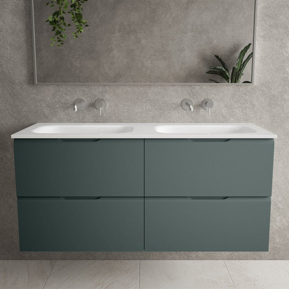 Tasca Four Drawer Vanity Unit With Beyondstone Double Basin - Matt Dark Green 1200mm