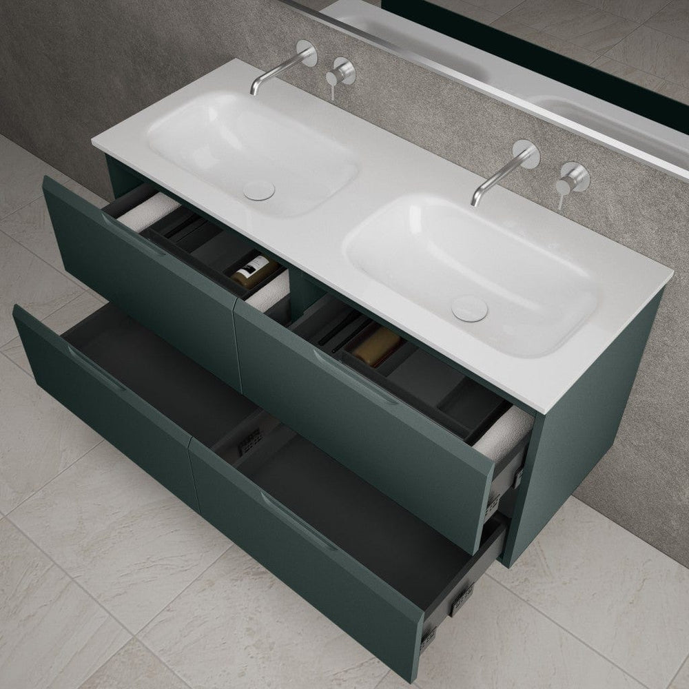 Tasca Four Drawer Vanity Unit With Beyondstone Double Basin - Matt Dark Green 1200mm