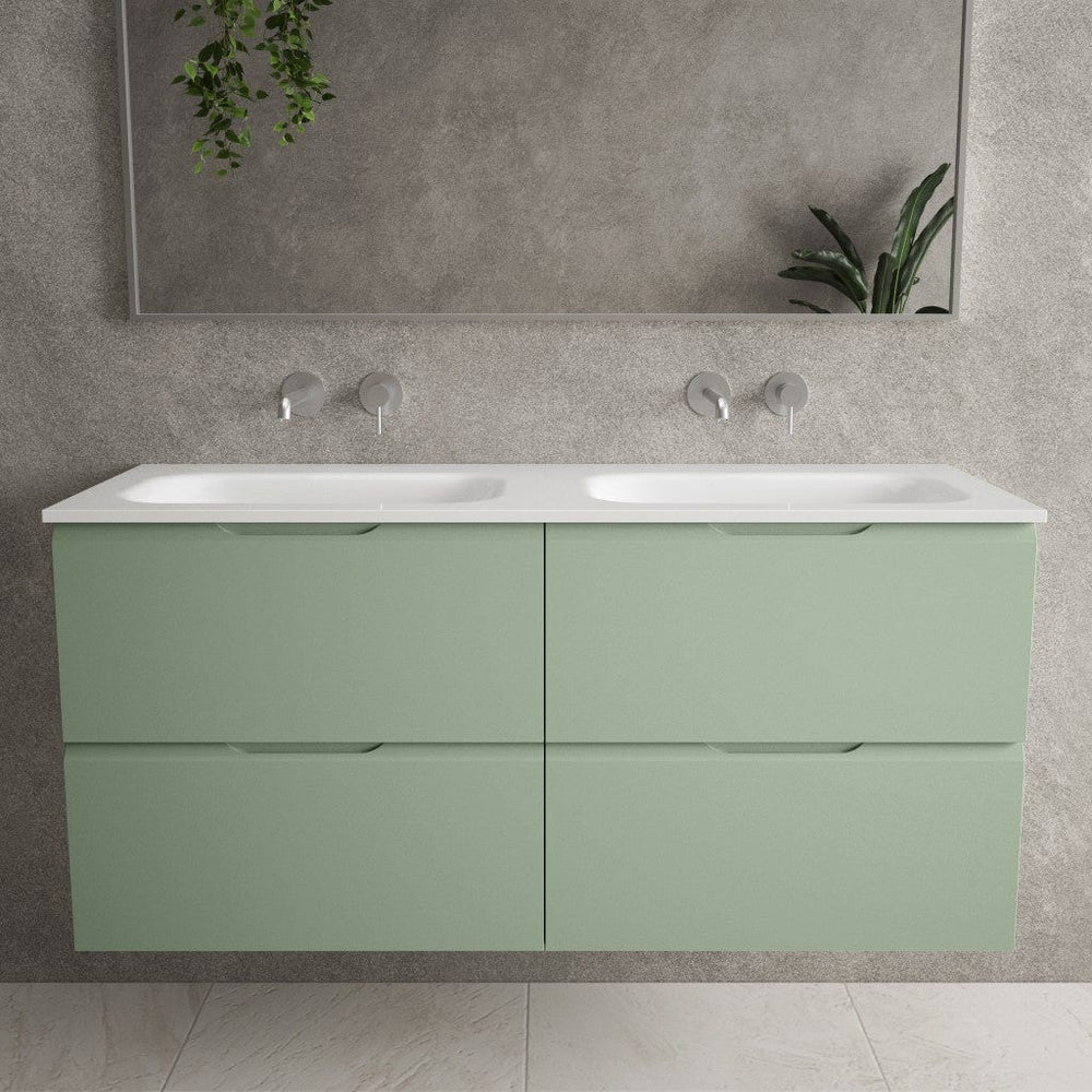 Tasca Four Drawer Vanity Unit With Beyondstone Double Basin - Matt Light Green 1200mm