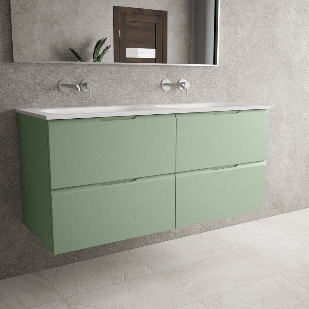 Tasca Four Drawer Vanity Unit With Beyondstone Double Basin - Matt Light Green 1200mm