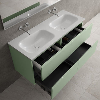 Tasca Four Drawer Vanity Unit With Beyondstone Double Basin - Matt Light Green 1200mm