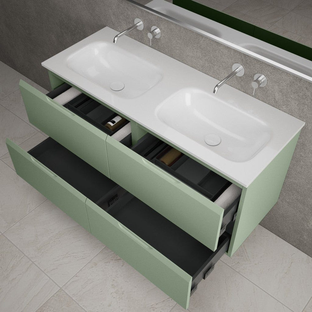 Tasca Four Drawer Vanity Unit With Beyondstone Double Basin - Matt Light Green 1200mm