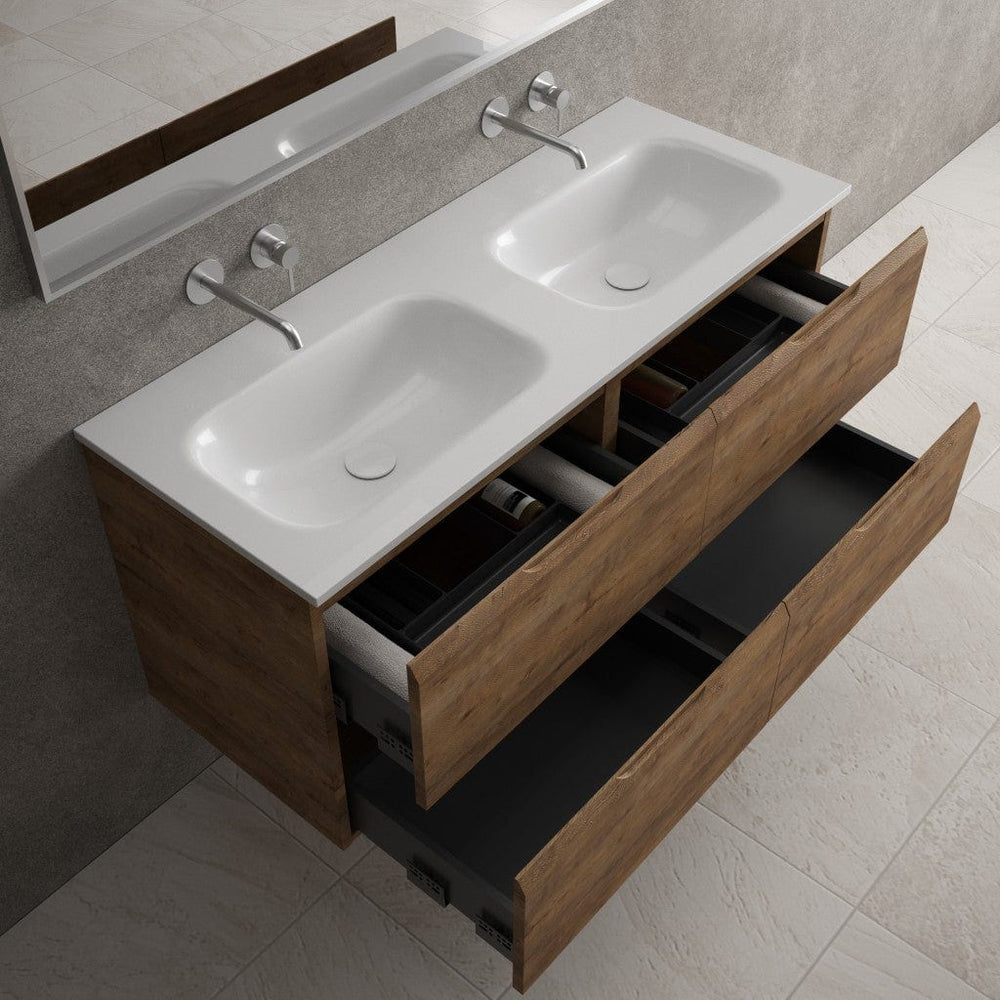 Tasca Four Drawer Vanity Unit With Beyondstone Double Basin - Oak 1200mm