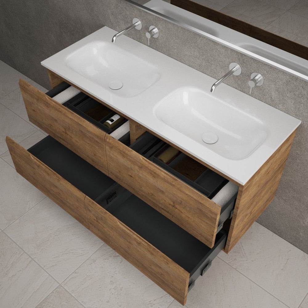 Tasca Four Drawer Vanity Unit With Beyondstone Double Basin - Oak 1200mm