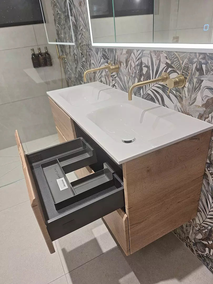 Tasca Four Drawer Vanity Unit With Beyondstone Double Basin - Oak 1200mm