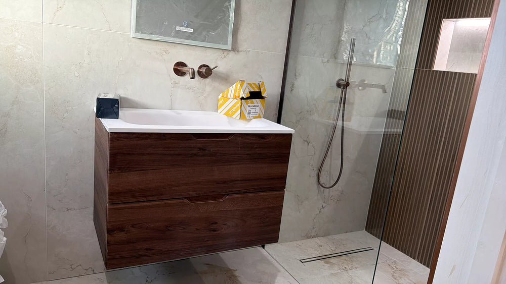 Tasca Two Drawer Vanity Unit With Beyondstone Basin - Walnut 800mm