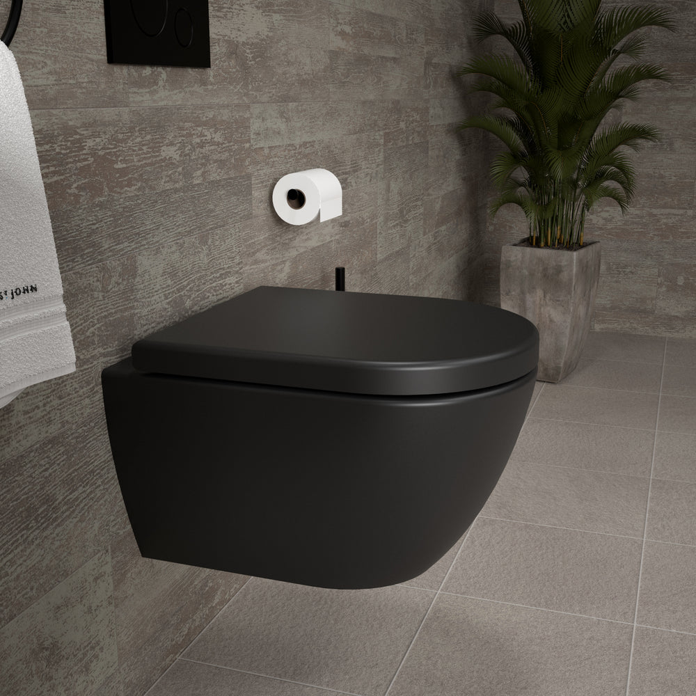 Tondi Short Projection Wall Hung Rimless Toilet & Soft Close Seat - 50cm Matt Black