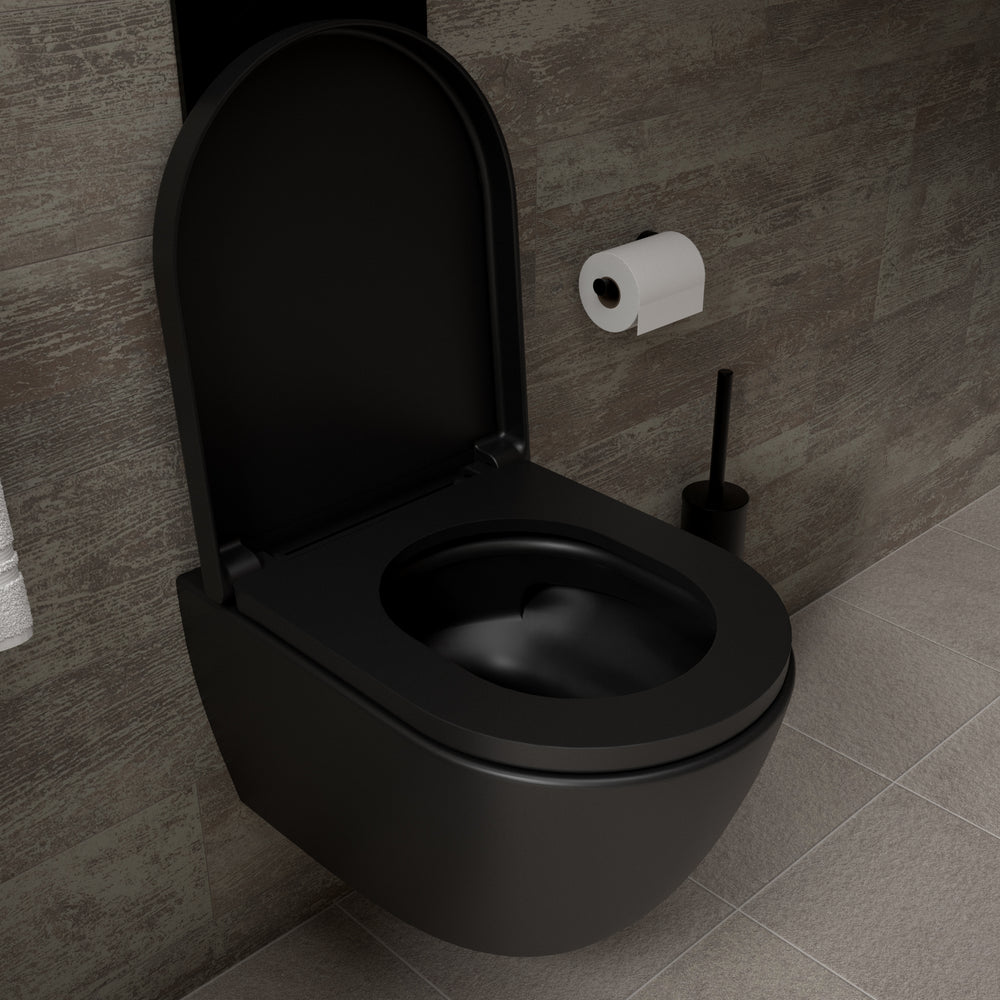 Tondi Short Projection Wall Hung Rimless Toilet & Soft Close Seat - 50cm Matt Black