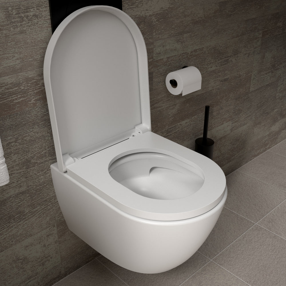 Tondi Short Projection Wall Hung Rimless Toilet & Soft Close Seat - 50cm Matt White