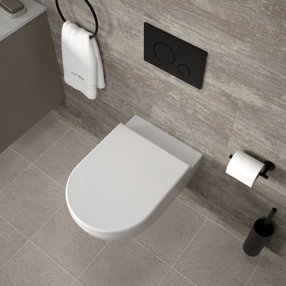Tondi Wall Hung Rimless Toilet & Soft Close Seat - 55cm Gloss White