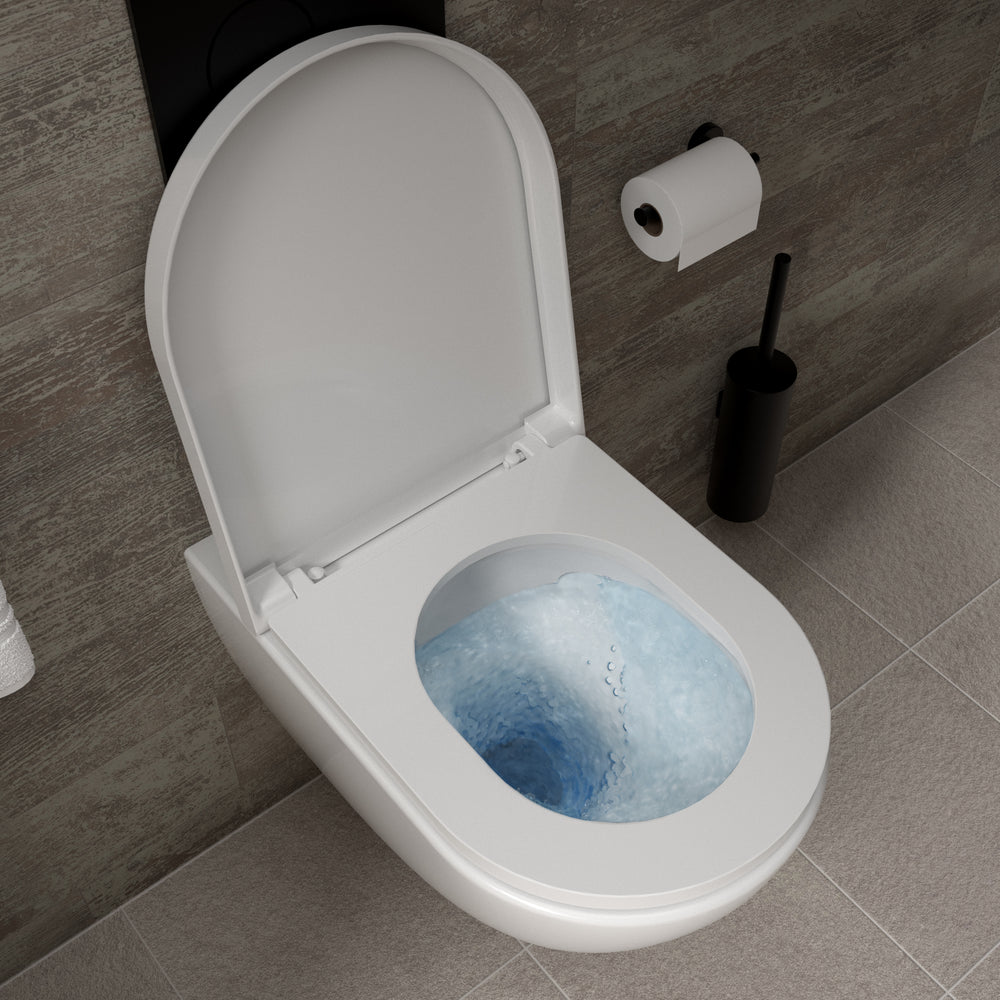 Tondi Wall Hung Rimless Toilet & Soft Close Seat - 55cm Gloss White