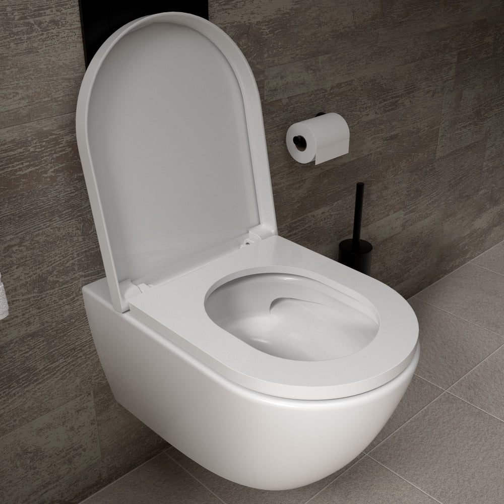 Tondi Wall Hung Rimless Toilet & Soft Close Seat - 55cm Gloss White