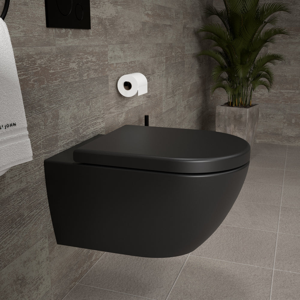 Tondi Wall Hung Rimless Toilet & Soft Close Seat - 55cm Matt Black